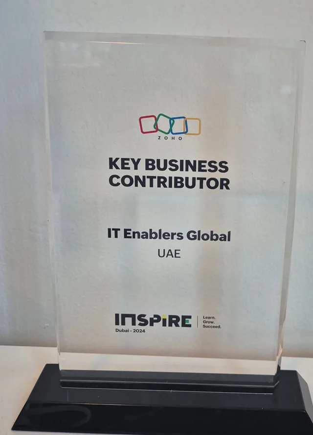 Zoho Key Business Contributor 2024 award trophy for IT Enablers Global (UAE), Inspire Dubai 2024